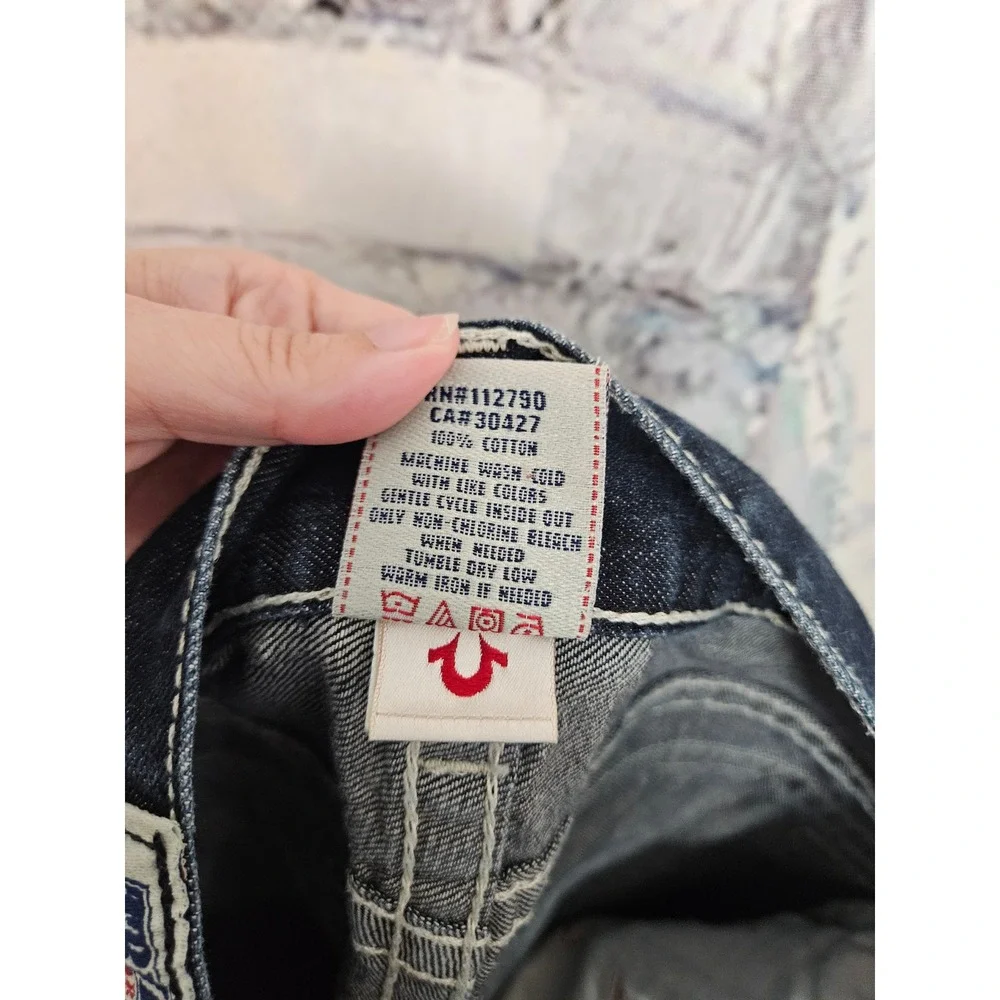 True Religion Super T Straight Leg Jeans 31 Dark Blue White Thick Stitch Y2K
